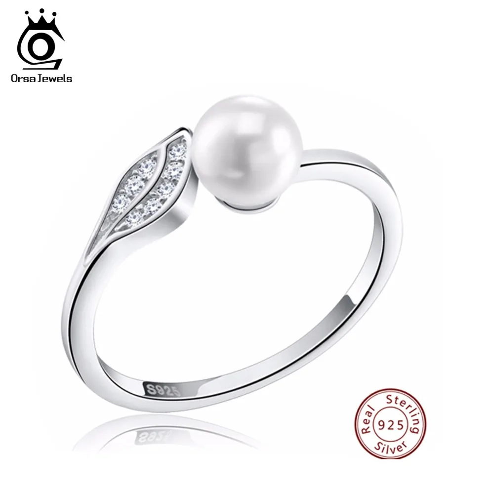ORSA JEWELS Silver 925 Leaf CZ Rings Reliable with Big Simulated Pearl Sterling Silver Jewelry for Women SR16