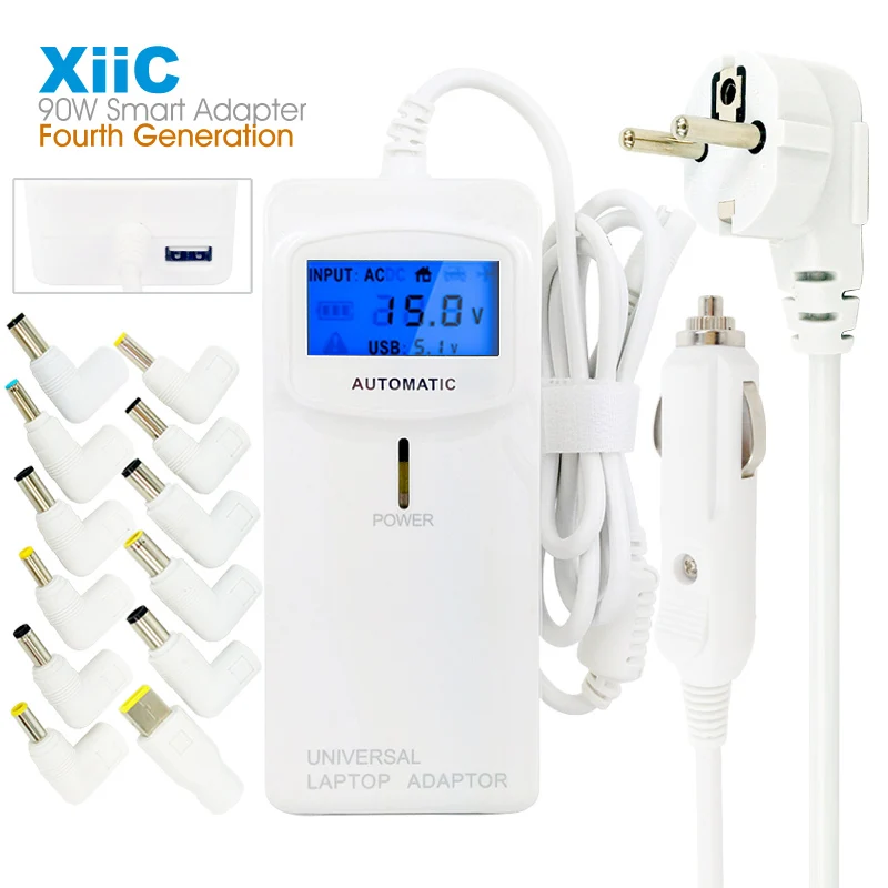 

XiiC LCD 90W Universal Laptop Adapter Fit Home 100-240V and Car 10-16V Notebook Power Supply with USB for Phone Camera Charging