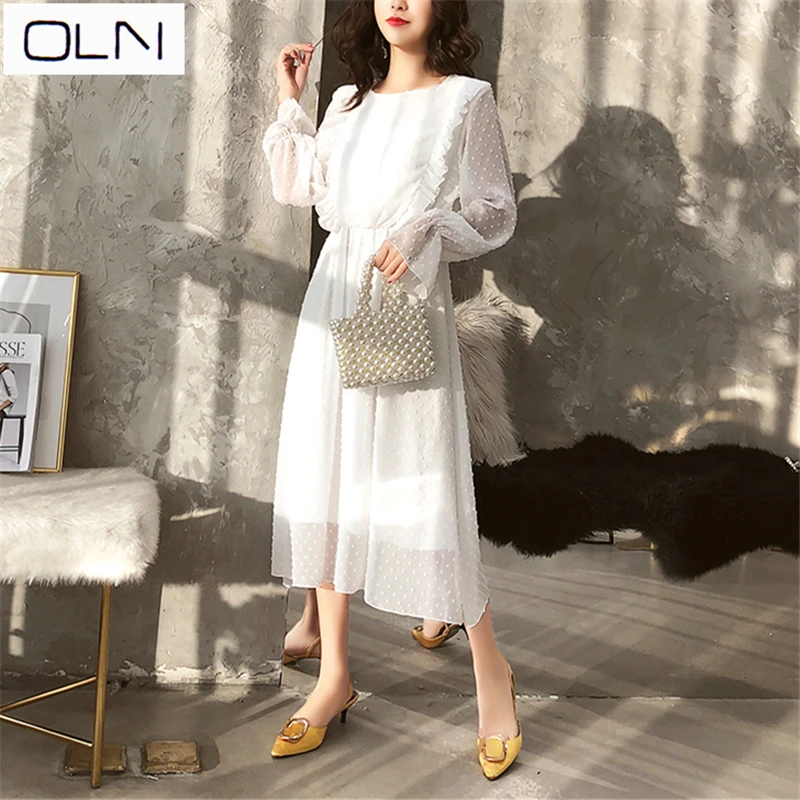

OLN Ruffles Polka Dot Women Chiffon Dress Elastic Waist Flare Sleeve Female Long Vestidos Retro A-line Women Dress 2019