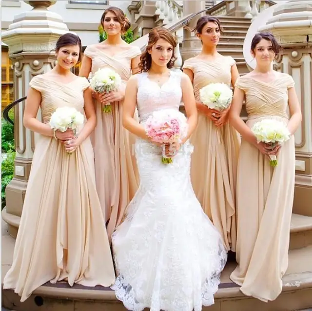 Unique Design Champagne Bridesmaid Dress Floor Length Cap Sleeve V Neck Pleat A Line Maid of