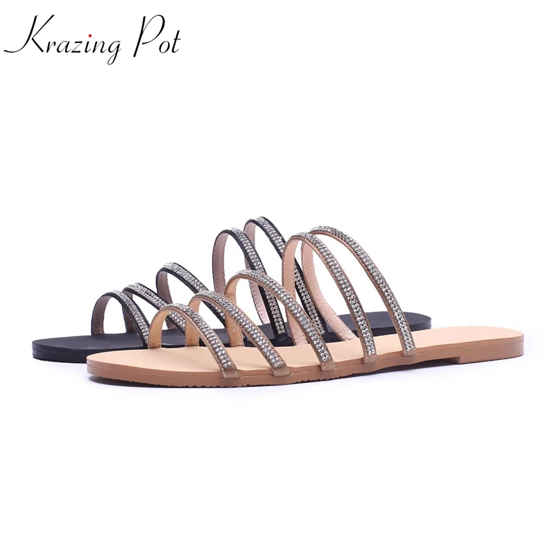 

Krazing pot 2018 silk flat with women bling crystal runway model runway open toe sandals flip flop shallow outside slippers l61