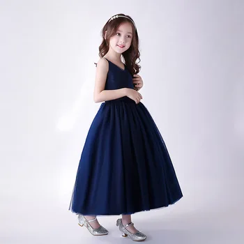 

Formal Blue sleeveless Girls Wedding party Dress Chiffon mesh Party Tulle Princess Birthday Dress First Communion Gown for Girls