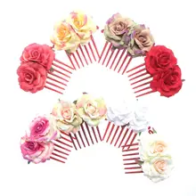 Для женщин Девушки Двойной Шелковый цветок розы волосы расческой Клип Свадебные вечерние Клип Леди Девушка Стиль аксессуары Hairgrip моды Headwea