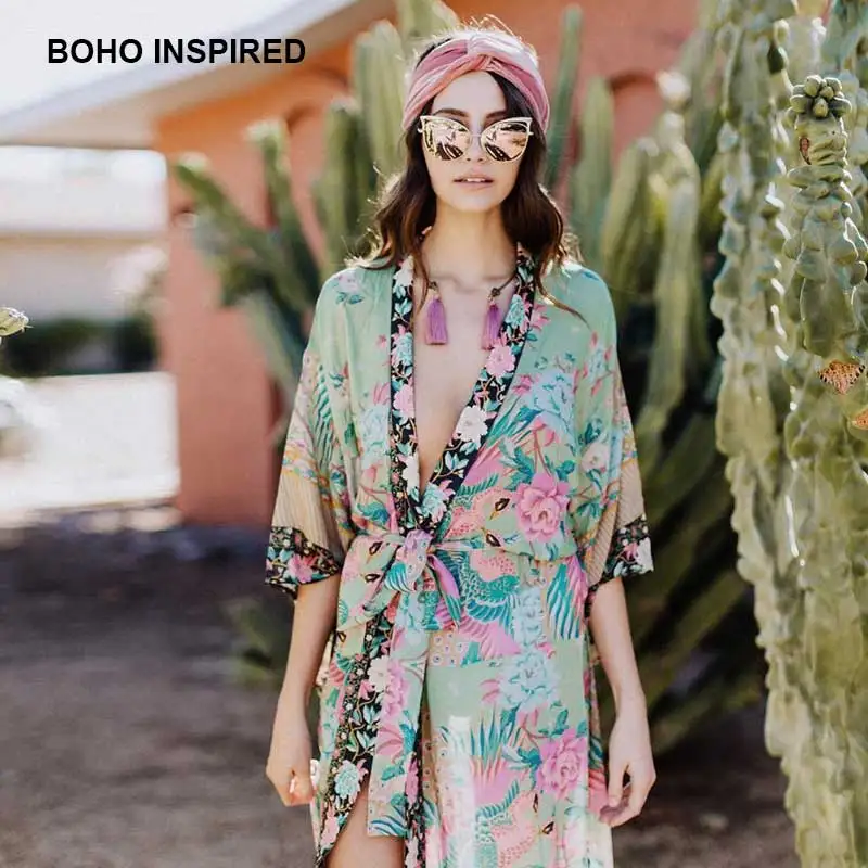 

BOHO INSPIRED 2019 Vintage Floral Print Green Long Design Kimono blouse batwing Sleeve Cardigan women's shirt Maxi Beach blusas