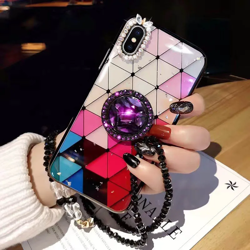 

X Cases Colorful rhombic Pearl lanyard Cover case for iPhone XS MAX XR 6S 7 8 Plus 6 6s 7 8 Silicone soft shell chain with stand