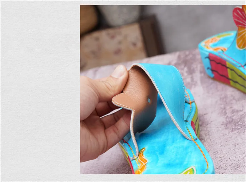 Summer New Flower Women Slippers National Blue Female Platform Shoes First Layer Cowhide Cool Women Wedges Heel Slides Sandals (9)