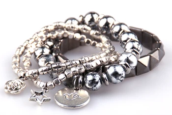 

Free Shipping 4 row hyramid square beads Quail eggs Glass Beads bracelet with rose flower,bird,pentacle charm Women bracelet