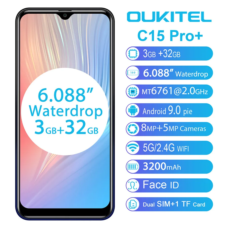 Мобильный телефон OUKITEL C15 Pro+ 6,088 ''19:9 Android 9,0 Pie 3 ГБ 32 ГБ MT6761 с каплями отпечатков пальцев для распознавания лица 5G WiFi 4G