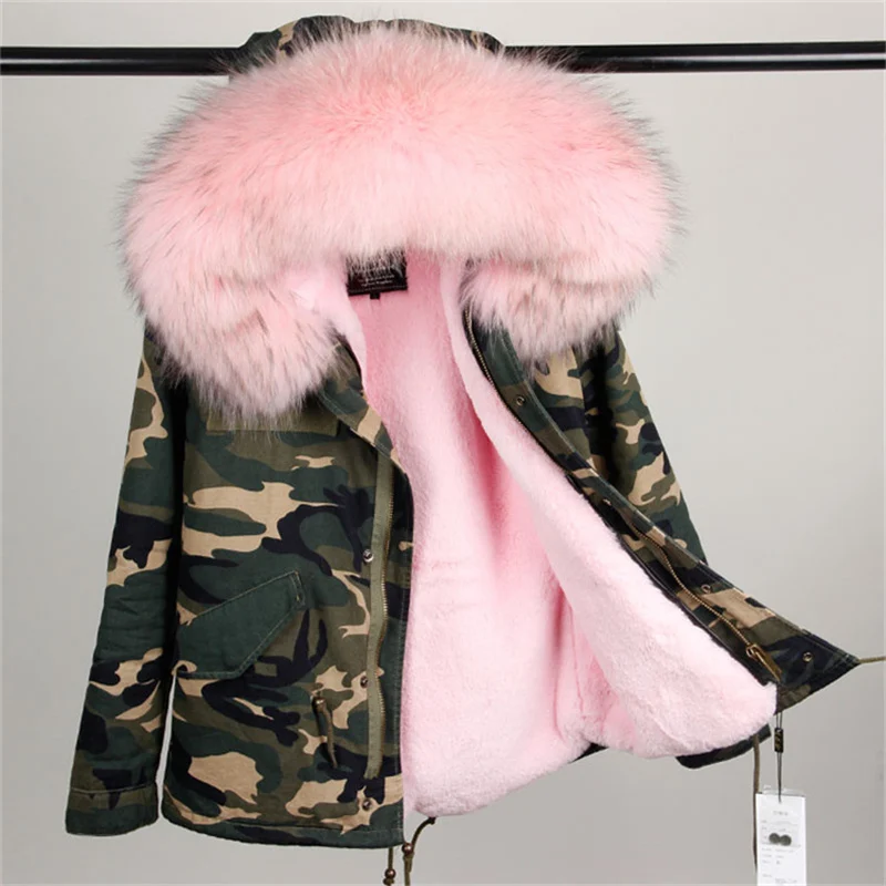 MAOMAOKONG Меховая куртка с воротником из натурального меха енота Новая модная женская зимняя камуфляжная шуба короткая подкладка из искусственного меха