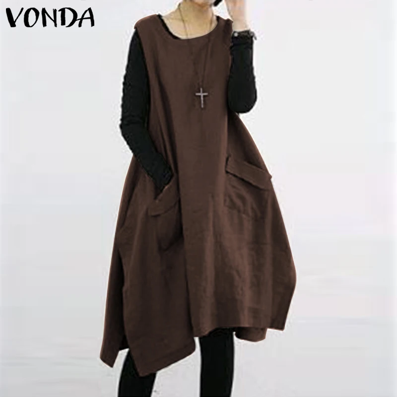 Богемное летнее праздничное платье VONDA, женское платье средней длины с разрезом и асимметричным подолом без рукавов, повседневное свободное платье размера плюс Femininas