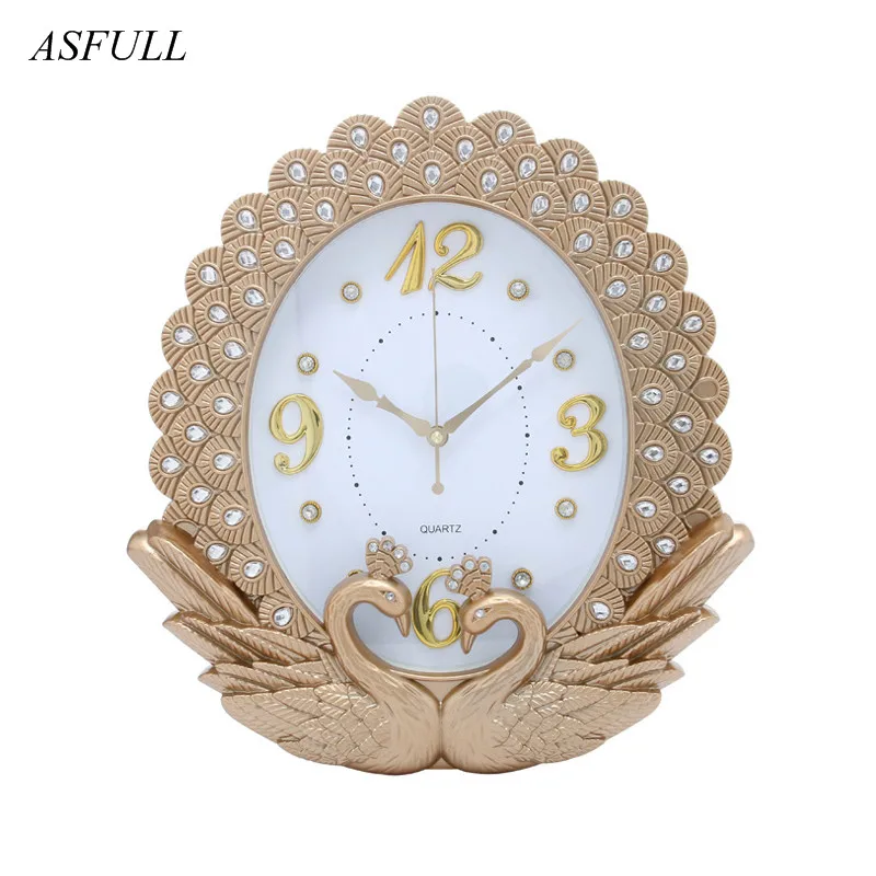 Creative New home decor European saat Timepiece swan diamond painting Peacock Lace Wall Clock Bedroom Silent Vintage Wall Clock