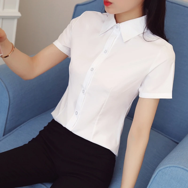 

EFINNY 2019 Women Summer Solid Color Blouse Office Lady Loose Slim Vintage Short Sleeve Casual White Blouses