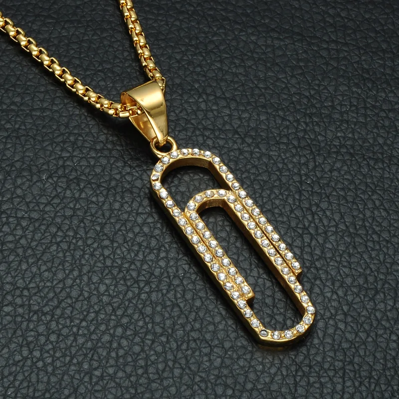

HIP Hop Ice Out Gold Color Stainless Steel Pave Rhinestone Paperclip Pendants Necklace for Men Women Jewelry