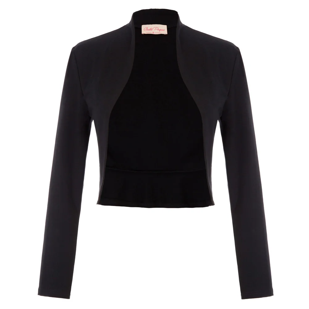 

Sping Autumn Jackets for Women Vintage Long Sleeve Open Front Ruffled Hem Cotton Bolero Shrug Fall Black Ladies Outerwear Coat