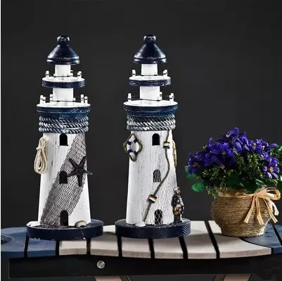 

25CM Wooden Lighthouse Mediterranean style Watchtower Model Crafts Home Nautical Decoration Photo Props