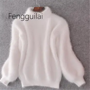 

2019 Winter New Fashion Thickened Warm Turtleneck Mohair Female Sweater Lantern Sleeve Casual Solid Color Slim Simple Pullover
