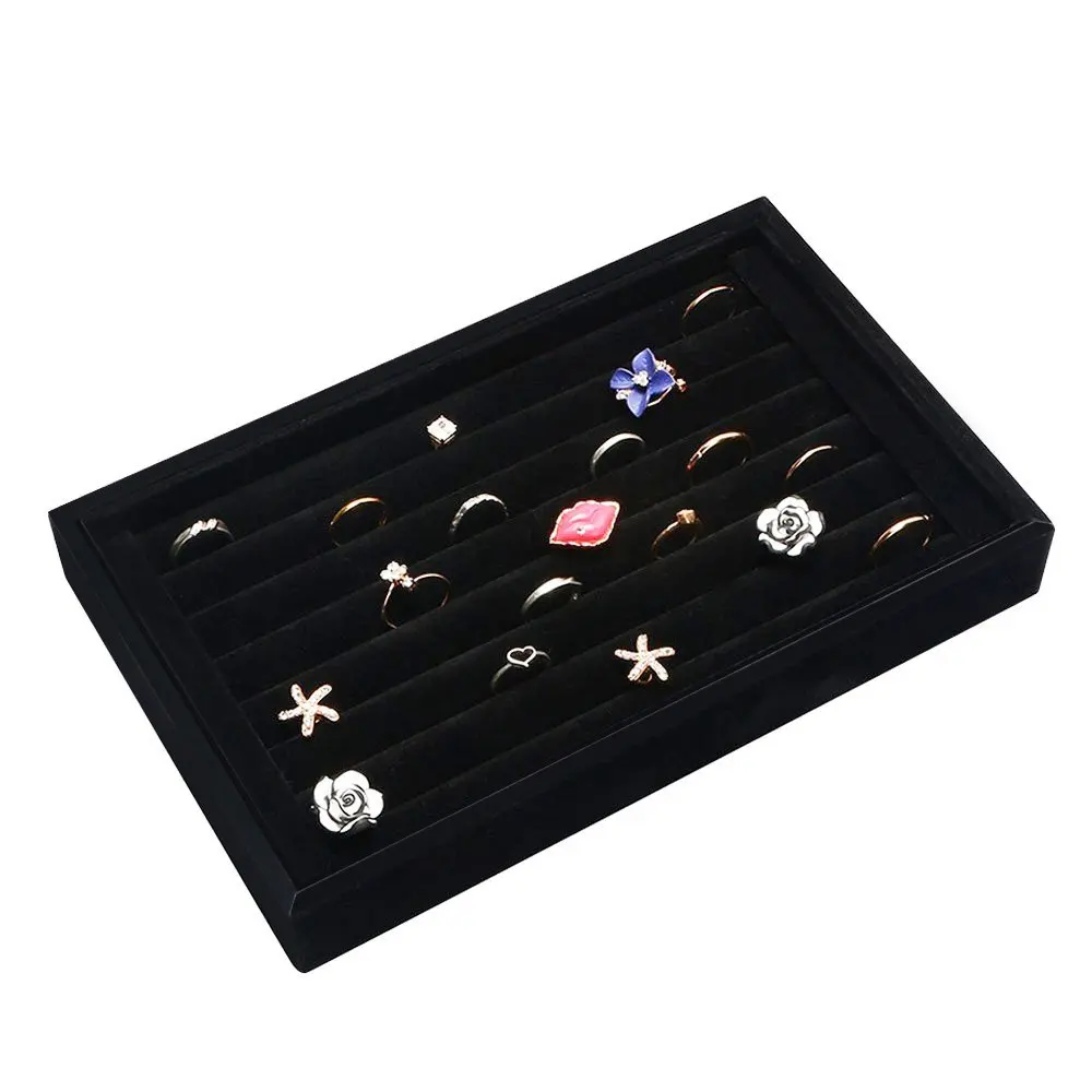 

Velvet 7 Slots Ring Earrings Trays Showcase Display Jewelry Organizer Black