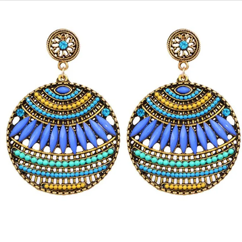Round Bohemian coloured Earrings Retro metal stud Austria Rhine stone