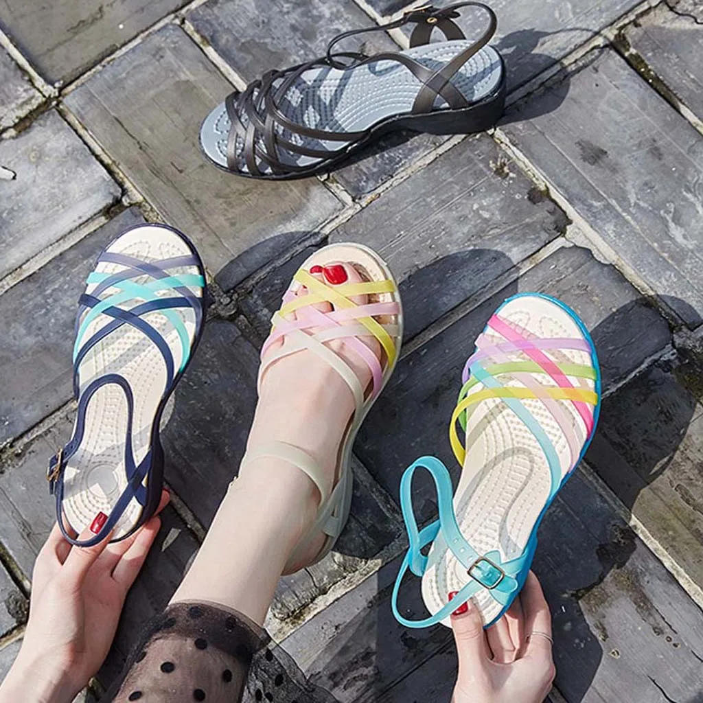 Женские летние туфли на танкетке для женщин; разноцветные прозрачные туфли; нескользящие сандалии на платформе из ТПУ; chaussures femme; плетеная подошва