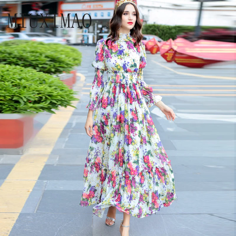 

2018 Autumn New Arrival Fashion O-Neck A-Line Full Flare Sleeve Flower Pattern And Draped Print Elegant Mid-Calf Long Dress Wome