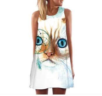 

2019 Summer New Animal Retro Digital Printing Round Neck Sleeveless Female Dress