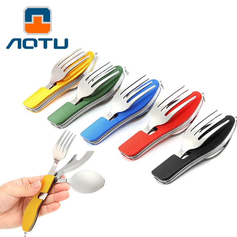 Portable 3 in 1 Stainless Steel Folding Spoon Fork Knife Foldable Tableware for Outdoor Camping Picnic Travel Kits AOTU AT6384 | Спорт и