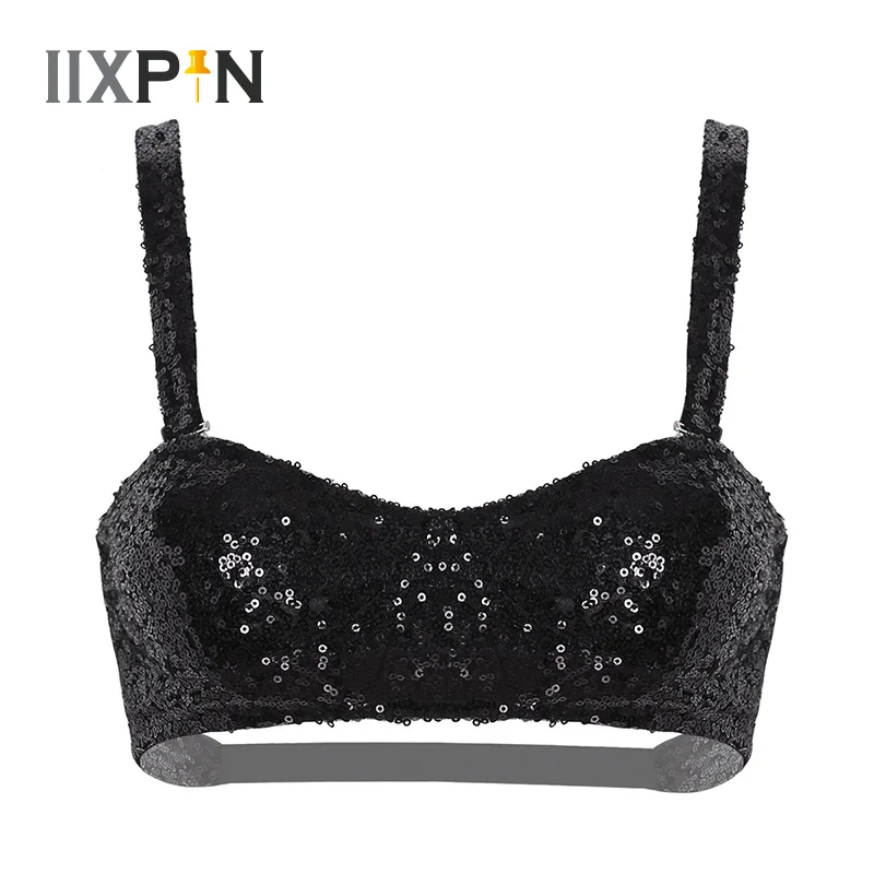 

Women Shiny Sequins Pole Dance Top Wide Shoulder Straps Low Back Bralette Bra Rave Dance Tops Crop Tops dancing Sexy Tank Tops