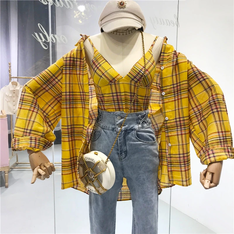 

Spring 2019 New Plaid Slim Slip Vest + Long Bat Sleeve Loose Blouse Shirt Two Pieces Suit for Women