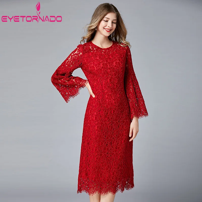 Длинное кружевное платье размера плюс с расклешенными рукавами и круглым вырезом, летнее красное платье для вечеринок, тонкое Элегантное повседневное платье для работы и пляжа, L-5XL
