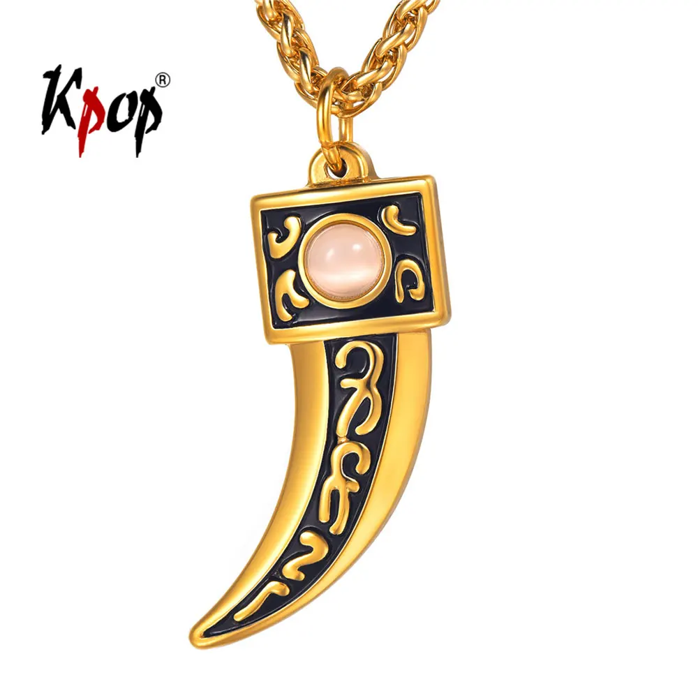 

Kpop Wolf Teeth Necklace Rock Punk Jewelry Stainless Steel Gold Color Natural Opal Tooth Charm Necklace for Men P3532