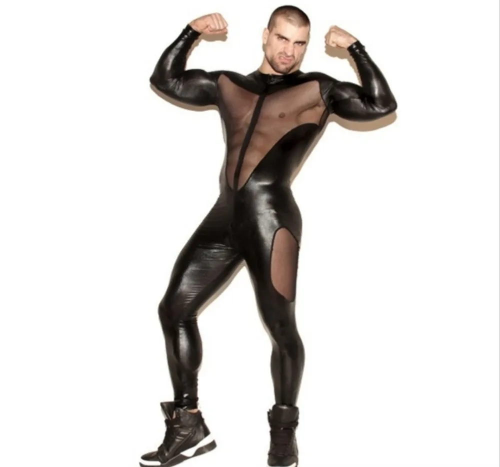 

Man Patent Leather Mesh Stitching Jumpsuit Black Sexy Openwork Perspective Bodysuit Fitness Fetish Male Suit
