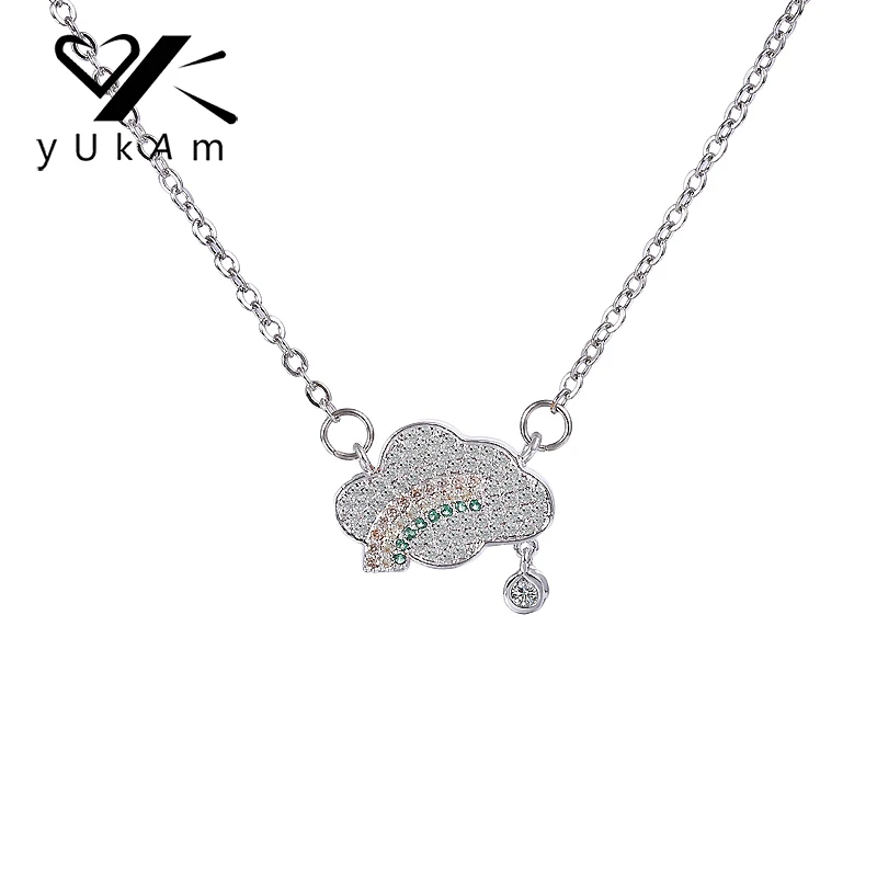 

YUKAM Jewelry Silver Rain Clouds Rainbow Raindrop Pendant Necklaces for Women Green Crystal AAA Cubic Zirconia Chokers Necklaces