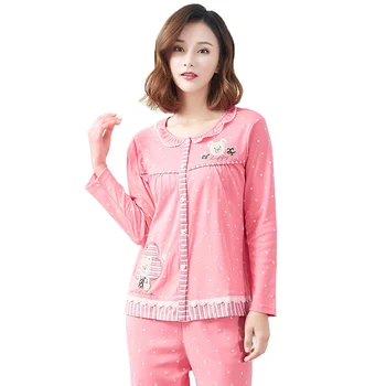 

Womens Cotton Pajamas Round Neck Cardigan Pyjamas Set Long Sleeve Sleepwear 2 Piece Set Loungewear Stitching Pink Home Service