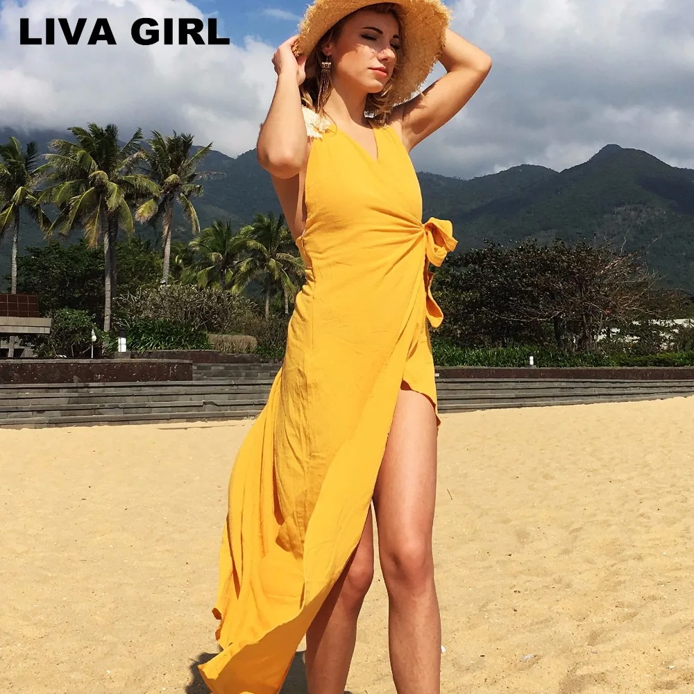 Deep V neck Backless Criss Cross Robe Style High Split Ankle Length