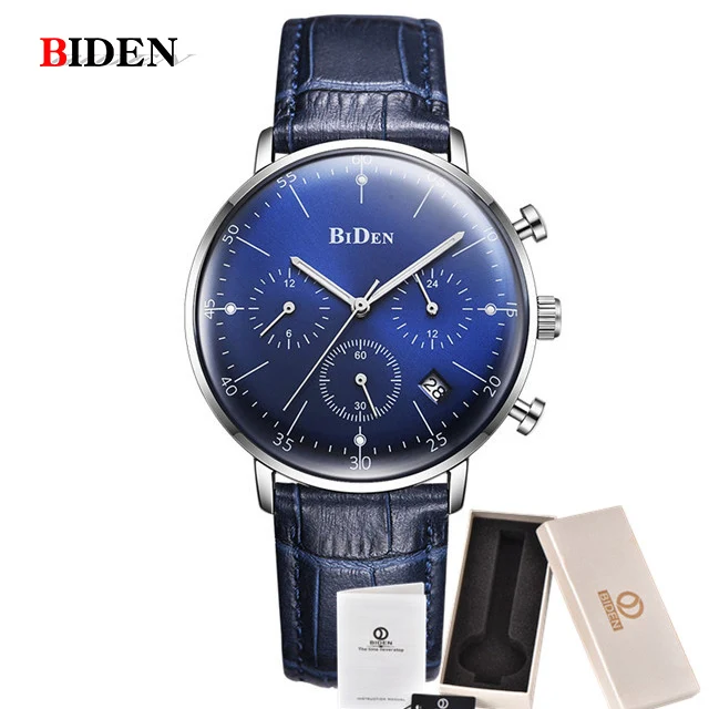Мужские часы BIDEN лучший бренд класса люкс ультра тонкие модные дизайнерские кварцевые часы мужские водонепроницаемые спортивные наручные часы Мужские часы - Цвет: Blue and Box