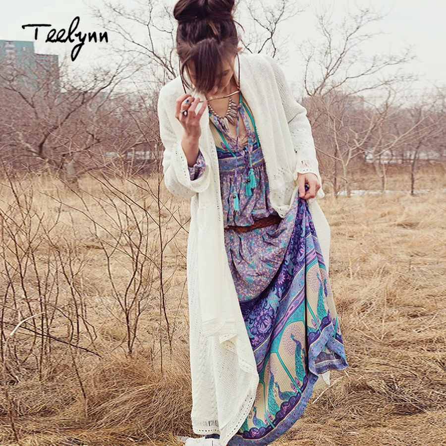 

TEELYNN long boho dress for women autumn rayon peacock floral print dresses long sleeve tassel loose women dress bohemia vestido