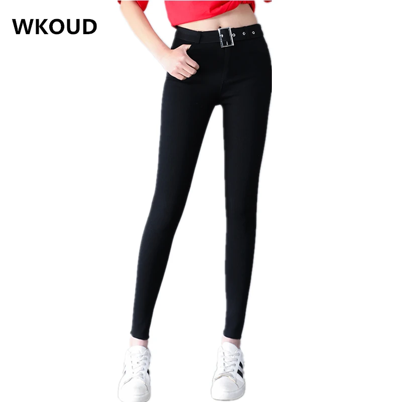 

WKOUD Korean Slim Black Pencil Pants Women's High Waist Skinny Leggings With Belt Stretch Spring Fall Plus Size Trousers P8892
