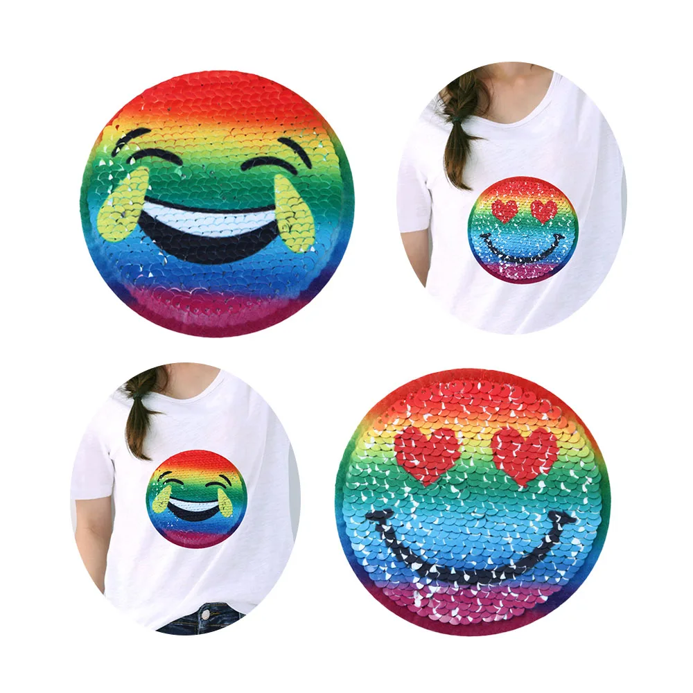 

1 Pc Reversible Sequins Round Emoji Patch Sew On Patch for clothes DIY Crafts Coat Sweater Embroidered Paillette Applique #2