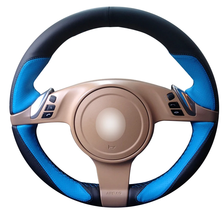 

Hand-stitched Black Blue Leather Anti-slip Car Steering Wheel Cover for Porsche Cayenne Panamera 2010 2011