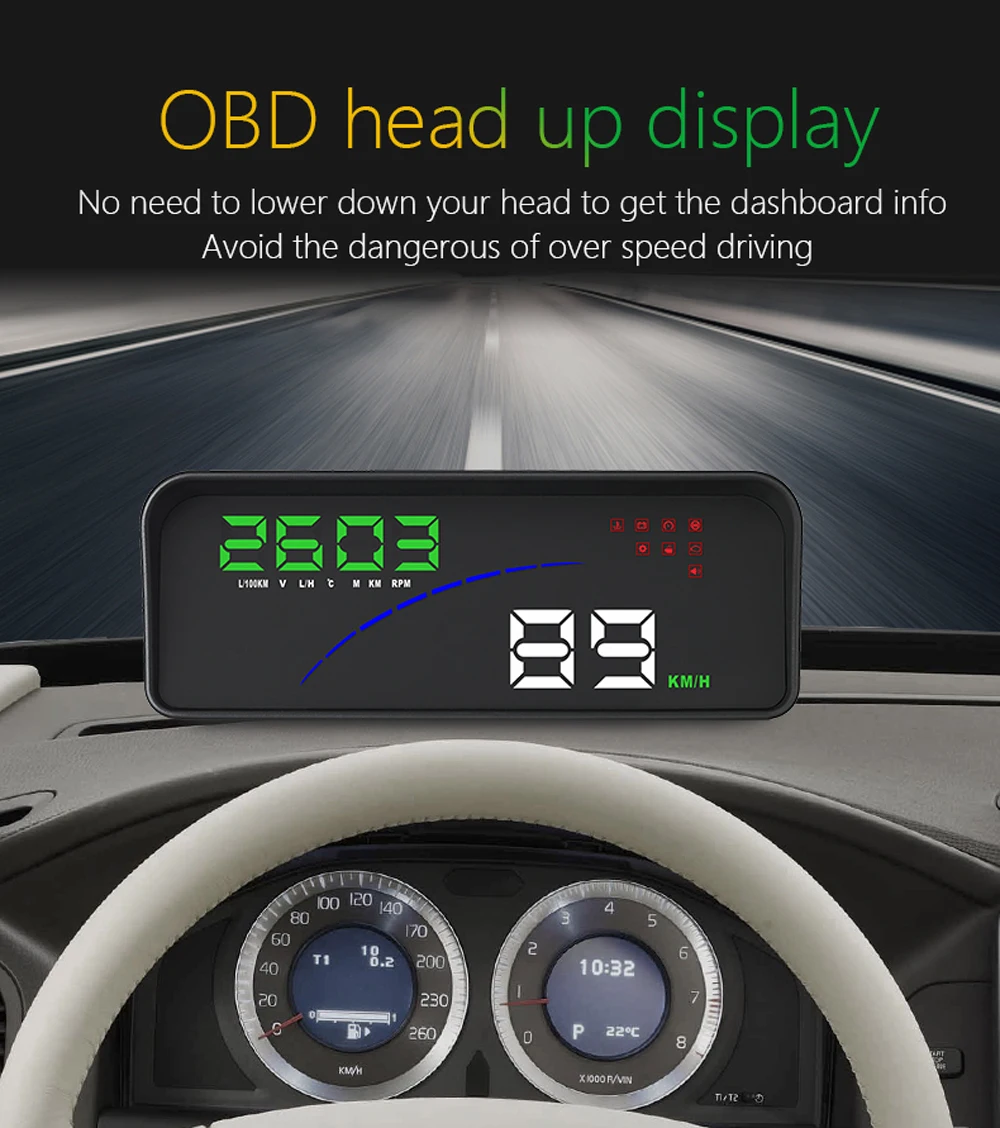 Автомобильный HUD цифровой смарт-измеритель авто OBD2 головой вверх Дисплей лобового стекла проектор для Скорость оповещение о соотношении об/мин Температура воды Напряжение