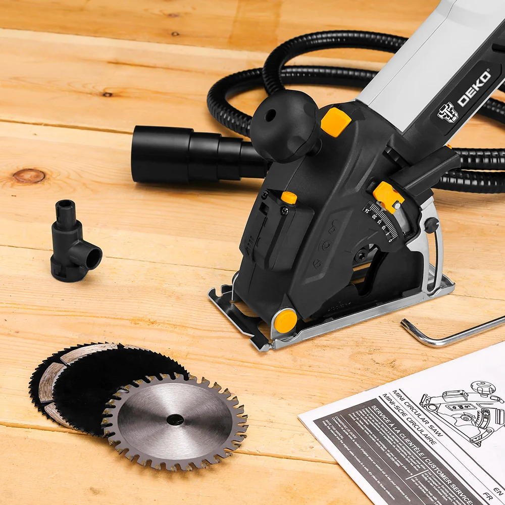 DEKO DKMS85Q1 230V Mini Electric Circular Saw Laser Guide Power Tool With 4 Blades, Dust passage, Auxiliary handle, BMC Box