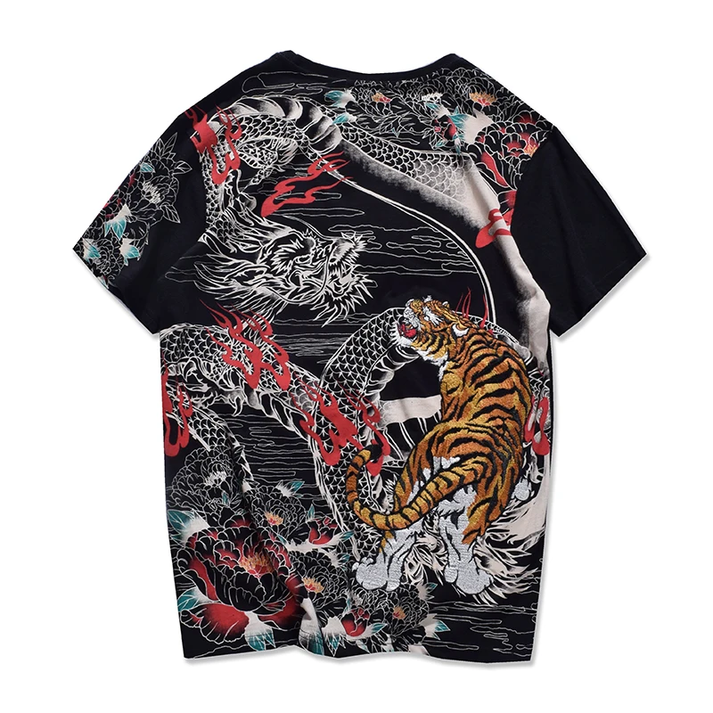 Китайский стиль, тигр, дракон, тотем, Йокосука, вышивка, футболка для женщин, летняя мода, o-образный вырез, топы для влюбленных, футболки
