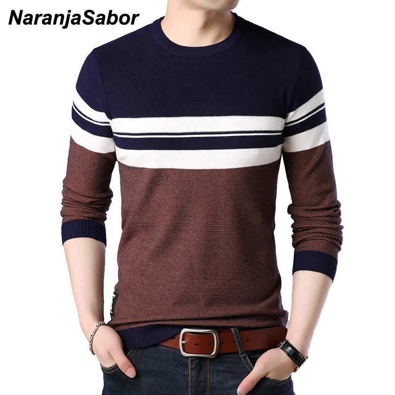 

NaranjaSabor Mens Pullover Autumn Wool Slim Fit Knitted Sweater O-Neck Striped Mens Brand Clothing Casual Pull Homme 4XL N517