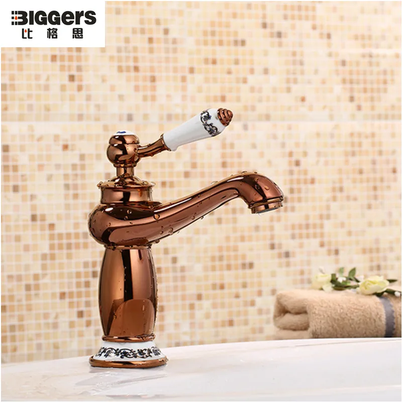 

Free shipping,Luxury European design copper ceramic rose gold bathroom basin faucet single handle mixer for cold and hot water