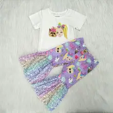 /розничная, детские головные уборы с героями мультфильмов для девочек, эксклюзивная футболка+ радужные расклешенные штаны комплект из 2 предметов, одежда для маленьких девочек gxj