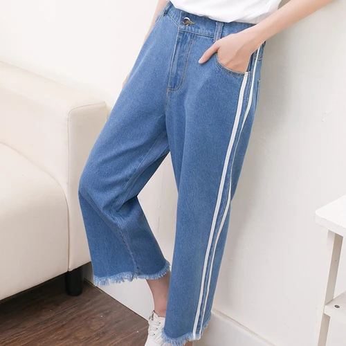 

High Waist Jeans Women 2018 Summer Preppy Casual Frayed Tassel Elastic Waist Side Striped Blue Denim Pants jeans femme B138