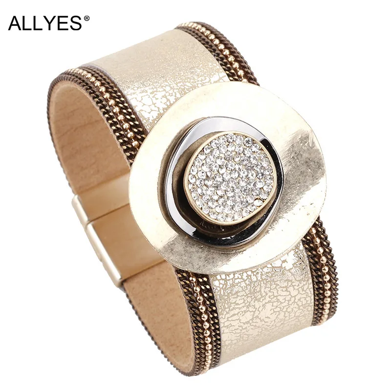 ALLYES Women Leather Cuff Bracelet Femme Bohemian Crystal Vintage Female Gold Color Metal Charm Wide Bracelets & Bangles Jewelry