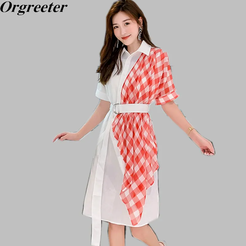 

Women Summer Fashion Streetwear Short Sleeve Dress Plaid Patchwork Lace-Up Shirt Dress Korean Casual Dress