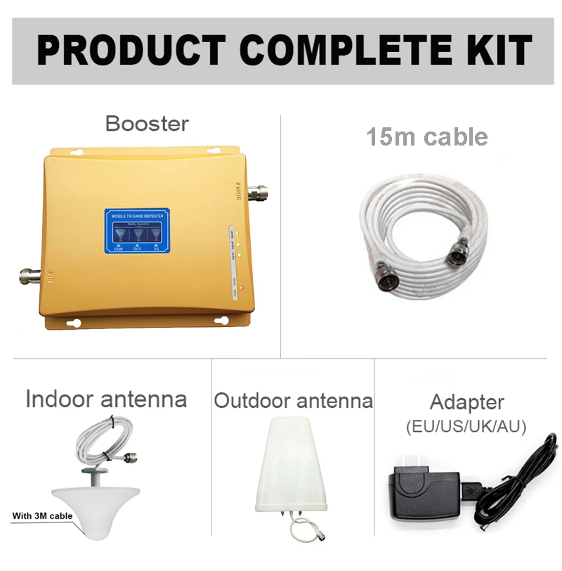 Tri Band Mobile Signal Repeater GSM 2G 3G 4G GSM 900DCS LTE 1800WCDMA UMTS 2100MHz Cellular Signal Booster Amplifier Kit (6)