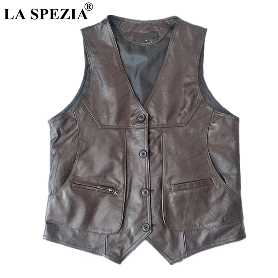 

LA SPEZIA Plus Size Vests Men Genuine Cowhide Leather Waistcoat Male Brown Solid Slim Fit Vintage Autumn Sleeveless Jackets 5xl